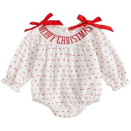 Newborn Infant Baby Girl Christmas Outfit Embroidery Long Sleeve Smocked Bubble Romper Ruffle Bodysuit