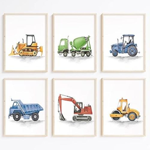 Joocrise Boys Truck Wall Art Set of 6 Truck Vehicle Canvas Wall Decor Toddler Construction Wall Art Watercolor Playroom Kids Pictures Prints Nursery Artwork for Room Bedroom 8x10 Inch Unframed