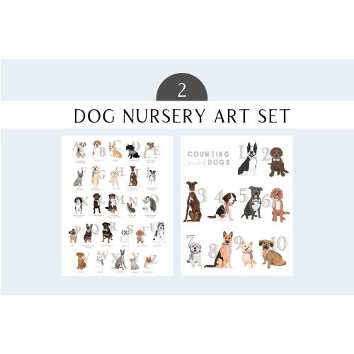 Dog Alphabet Art for Nursery Set - Dog ABC art and Dog Counting Art for Baby Room - Dog Nursery Art Printable