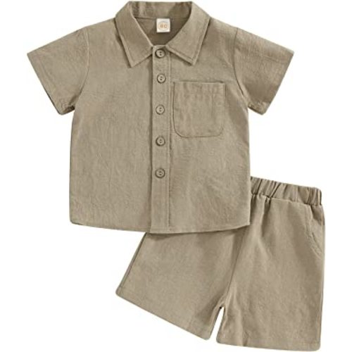 Hoanselay Baby Boy Cotton Linen Shorts Set Solid Color Short Sleeve Button Down T-Shirt Tops and Shorts Summer Outfit Clothes