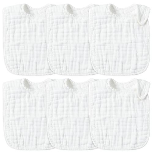 Zainpe 6Pcs Snap Muslin Cotton Baby Bibs White Adjustable Drool Bib with 6 Absorbent Soft Layers, Machine Washable Unisex Burp Cloths for 3 to 36 Months Boys Girls Infant Newborn Toddler