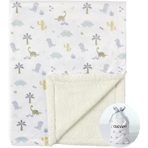 CREVENT Cozy Soft and Warm Mink Baby Blanket with Sherpa Backing, Gift Packing with Ribbon for Newborn Infant Toddler's Crib Cot Stroller (30"X40" Dinosaur)