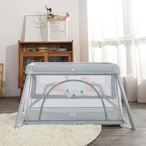 Travel Crib, 3 in 1 Portable Crib for Baby,Lightweight Baby Travel Playpen for Babies to Toddler, Foldable Travel Playard with Comfortable Mattress (Light Grey)
