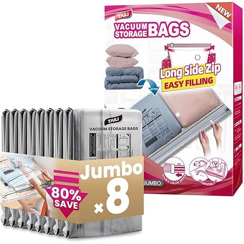 TAILI 8 Pack Vacuum Storage Bags, LONG SIDE ZIP (39x28 inch) Vacuum Seal Bags for Clothing, Jumbo Storage Space Saver for Beddings, Comforters, Blanket, Pillows and Clothes