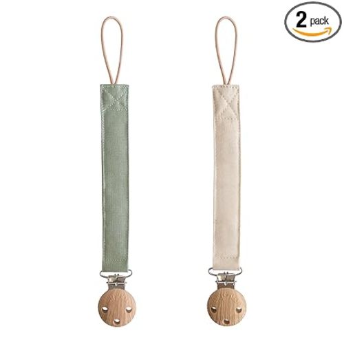 mushie Linen Baby Pacifier Clip Holder | Soft Fabric Strap, 2-Pack (Olive/Shifting Sand)