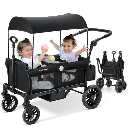 ELEMARA Wagon Stroller for 2 Kids, Premium All-Terrain Stroller with Canopy, Adjustable Push/Pull Handle Bar, Comfortable drop-down footwell and Upholstered Seats, Black
