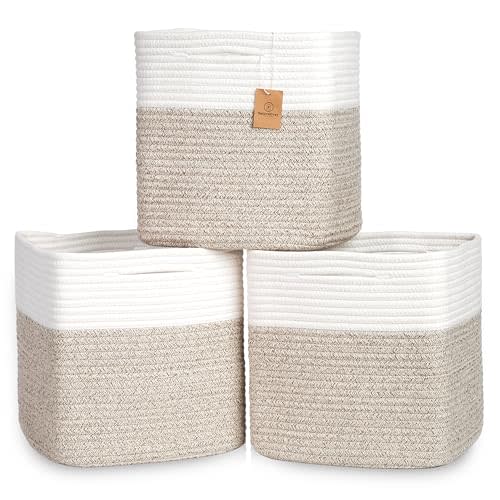 NaturalCozy 13 Inch Cube Storage Bins Cotton Rope Woven Baskets for Organizing 3-Pack | 13 x 13 Storage Cubes | Fabric Square Storage Baskets for Shelves Organizer, Kids Toy Bins, Closet Baby Nursery