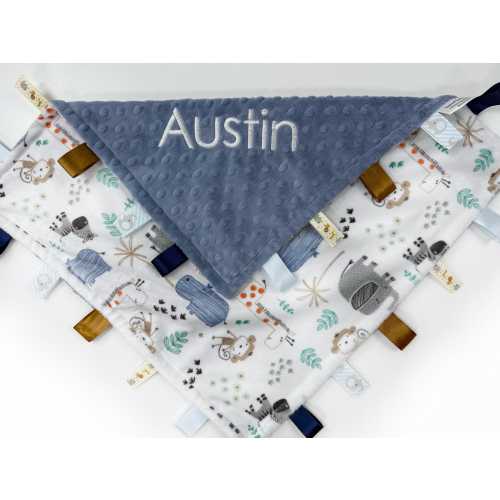 Personalized Tag Blanket, Jungle Print Minky, Sensory Ribbon Lovey, Gift for Baby Boy, Tag Blanket for Boys, Welcome Gift for Baby