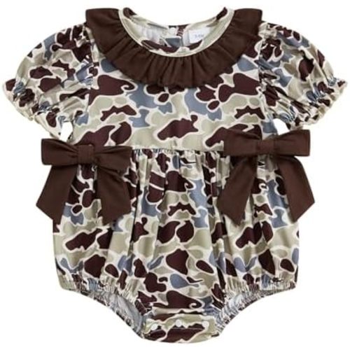 Hunting Baby Girl Outfit Camouflage Bubble Romper Short Sleeve Ruffle Smocked Bodysuit Newborn Summer Clothes
