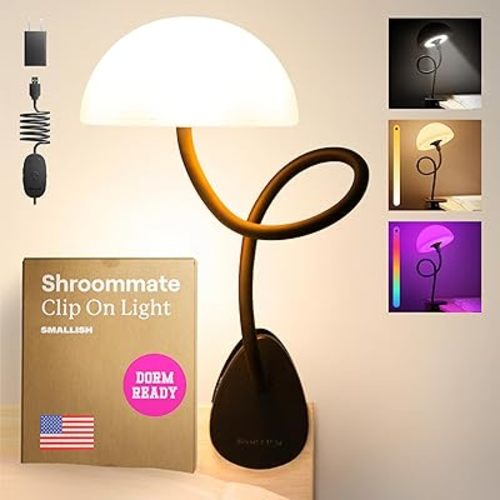 Shroommate Clip On Light and Bed Headboard Lamp, Bedside Table Lamp for Dorm, College Dorm Room Essentials, Night Light for Kids Nursery, Clip on for Desk, MultiColor LEDs, Adapter Included (Black)