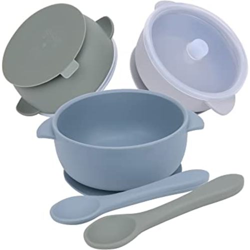 KingKam Baby Bowls, Suction Bowls for Baby Toddler Self-Feeding, Leak-Proof Silicone Bowl with Lid, Dishwasher & Microwave Safe (Gainsboro & LightBlue & SeaGreen)