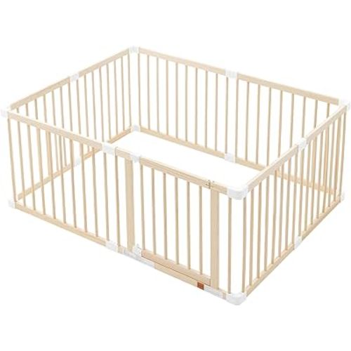 Wooden Playpen, Baby Gate Play Yard Foldable, Baby Play Pen for Toddlers and Babies, Large Size Adjustable Play Fence with Locking Gate, Indoor Activity Center for Kids