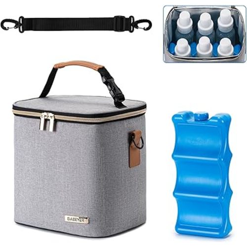 Breastmilk Cooler Bag with Ice Pack Fits 6 Baby Bottles Up to 9 Ounce, Baby Bottle Bag with Shoulder Strap for Nursing Mom Daycare, Grey