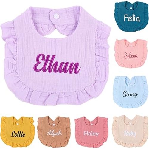 Van Fan & Shi Personalized Embroidered Baby Bib pure Cotton Muslin with Name, Customed Monogrammed Baby Girl Soft Bib for Girl, Ruffle Bibs Gift Baby Shower Birthday Easter
