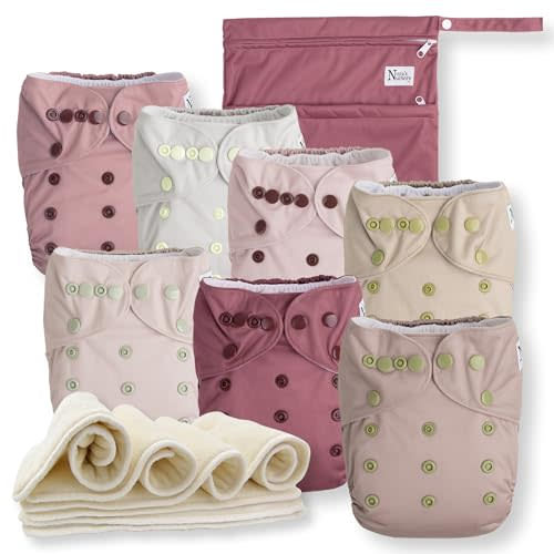 Nora's Nursery Cloth Diapers 7 Pack with 7 Inserts & 1 Wet Bag - Waterproof Cover, Washable, Reusable & One Size Adjustable Pocket Diapers for Newborns and Toddlers - Ballet Slippers