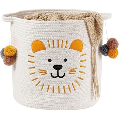 Large Blanket Baskets for Living Room Decor, Toy Storage Baskets Woven Cotton Rope Animal Storage Basket for Kids, Dog Toys Organizer Clothes Hamper with Embroidery Decor for Nursery (Large, Lion)