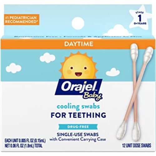 Orajel Baby Daytime Cooling Swabs for Teething, Drug-Free, #1 Pediatrician Recommended Brand for Teething*, 12 Swabs in Carrying Case