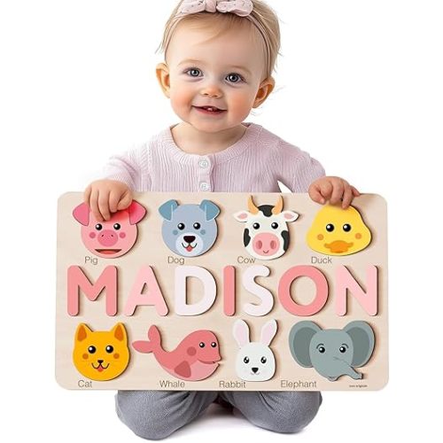 Personalize Name Puzzle for Toddler with Animal, Baby Gift for Girl and Boy 0 1 2 3 Year Old, Personalized Puzzle for Kid, 1 Year Old Kid Gifts, Customized Baby Gift, Educational Name Toy