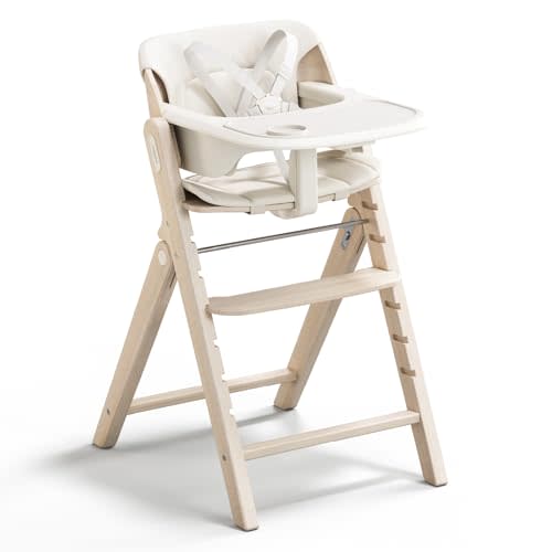 MAMAZING GrowPod Pro Wooden High Chair, Adjustable Grow-with-Me Baby High Chair with Dual Tray, Easy-Clean Surface, Compact Foldable Design, Included Detachable Guard & PU Cushion (Washed White)
