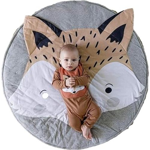 Abreeze Grey Kids Teepee Play Mat - Round Fox Carpet Cotton for Baby Floor Kids Room Decoration Tummy Time Blanket - 35.4 inches