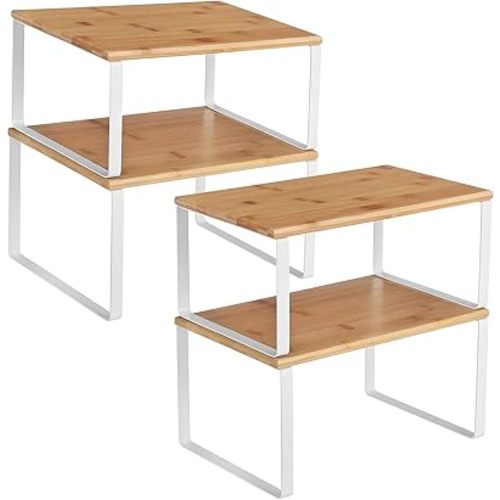 SONGMICS Cabinet Organizer Shelf, Set of 4 Kitchen Counter Shelves, Kitchen Storage, Spice Rack, Stackable, Expandable, Metal and Engineered Wood, Cloud White and Natural Beige UKCS010N01