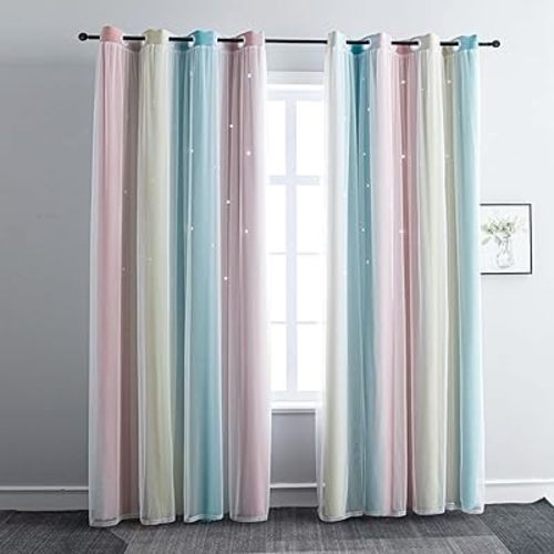 Ombre Rainbow Blackout Curtains for Kid Girls Bedroom Living Room Darking Stripe Double Layer Star Cut Out Wall Home Decor Gradient Grommet Window Curtains (Pink/Blue, 52W x 63L)