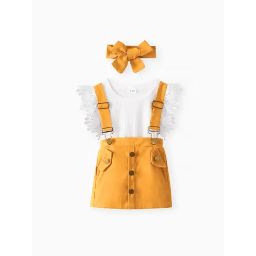 3pcs Baby Girl Lace Flutter-sleeve Ribbed Romper and Suspender Skirt with Headband Set Only $21.99 PatPat US Mobile