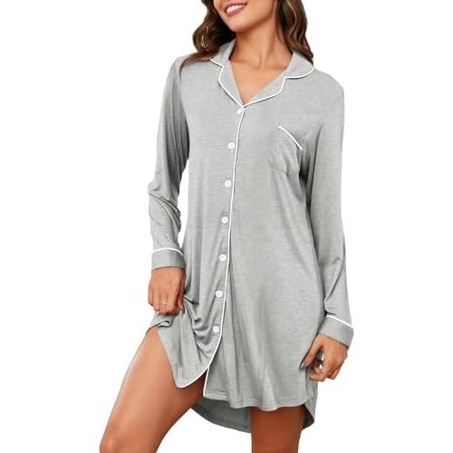 Women's Nightgown Short Sleeve Pajama Dress Soft Button Down Sleep Shirts Comfy Boyfriend Nightdress S-XXL