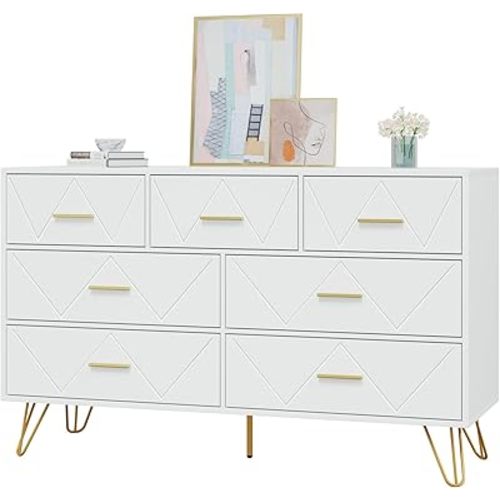 CARPETNAL White Dresser for Bedroom, 7 Drawer Dresser with Wide Drawers and Metal Handles, Wood Dressers & Chests of Drawers for Hallway, entryway.