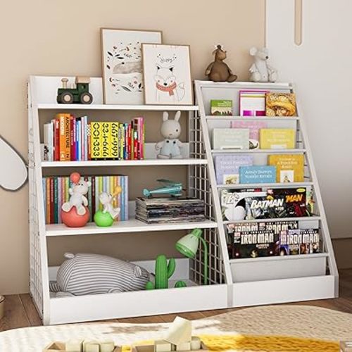 4 Tier Kids Wooden Bookshelf, 5 Layer Sling Bookcase, Kids Book and Toy Organizer Cabinet Chest, Baby Storage Book Rack, for Kids Room Playroom Nursery Classroom(White)