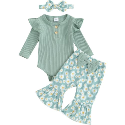 fhutpw Newborn Baby Girl Clothes Rib Frill Long Sleeve Romper Daisy Flared Pants Headband Set 3pcs Fall Winter Outfits - 3-6 Months - Daisy- Green