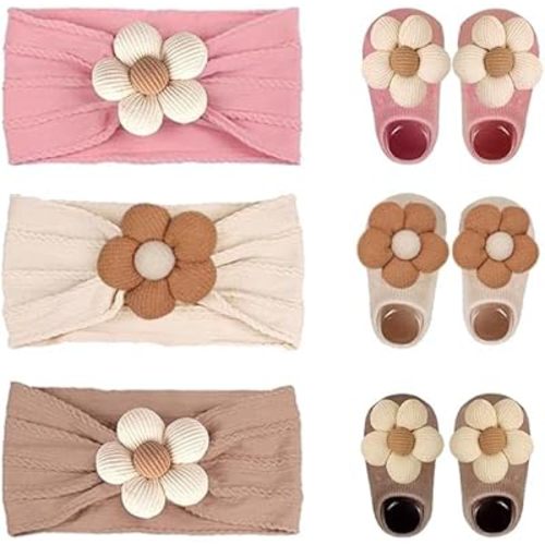 Baby Girl Cute Headband & Socks Combo - Non-Slip Floral Grips Socks & Soft Flower Nylon Hairbands, Essential Hair Accessories for Kids Infants (1-3 Years, Pink Beige khaki)