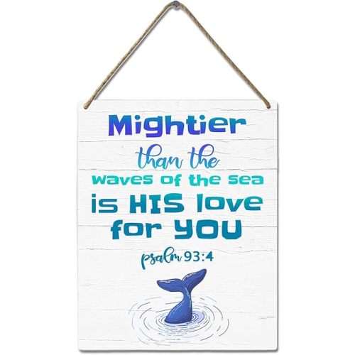 Ocean Nursery Wall Art Whale Decor for Baby Boy Nautical Beach Room Sign Mightier Than The Waves of The Sea Psalm 93:4 Wooden Signs Under The Sea Animal Pictures Bathroom Decor for Kids 10x8 Inch