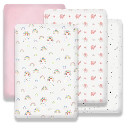 Plushii Mini Crib Sheets 4 Pack, 38"x 26" Extra Soft Microfiber Pack and Play Fitted Sheet for Mini Crib & Pack and Play Mattress, Playpen Sheet Fitted for Baby Girls,Rainbow
