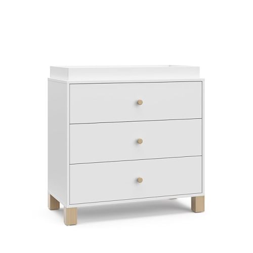 Storkcraft California 3-Drawer Chest with Removable Changing Topper (White with Driftwood) – GREENGUARD Gold Certified, Interlocking Drawer System, Pre-Installed Tracks, Easy Assembly