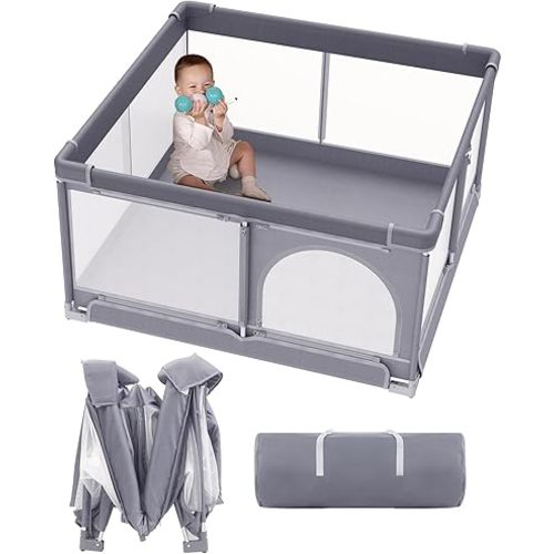 Foldable Playpen for Babies and Toddlers, Baby Playpen Foldable,Playpen for Baby with gate, Baby Activity Center with Fence, Indoor & Outdoor Safety Travel Play Pen (51"×51" Grey)