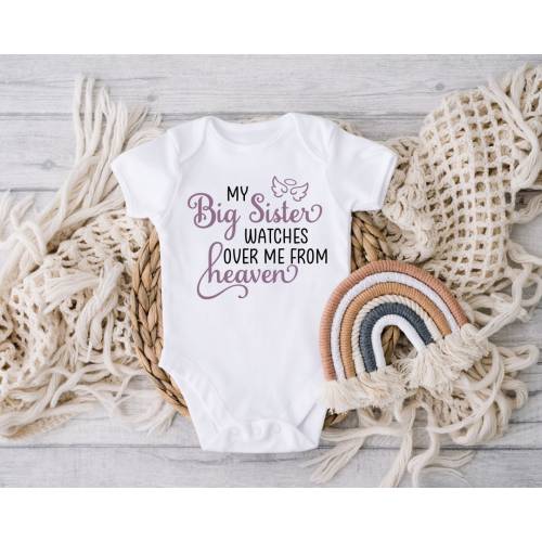 My Big Sister Watches Over From Heaven Baby Bodysuit, Baby Shower Gift, Sister In Heaven, Guardian Angel, Rainbow Baby, Custom Shirt