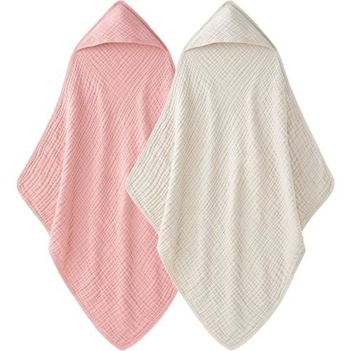 Hooded Baby Towels for Newborn - 2 Pack, 100% Muslin Cotton, Baby Bath Towels with Hood, Soft and Absorbent for Girls Infant, Toddler and Kids, Large 32x32 Inches, Newborn Essential
