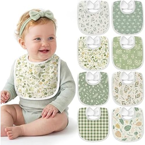 Tunnkit Muslin Baby Bibs, 8 Pack Bandana Drool Bibs, Extra Absorbent Drooling and Teething Bibs for Newborns and Infants, Unisex Baby Essentials for Boys and Girls