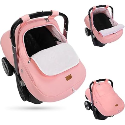 Bioby Winter Baby Car Seat Cover, Infant Car Seat Cover for Boy Girl, Roomy, Cozy, Warm, Waterproof Baby Carseat Covers Canopy with Thickened Fleece Lining, Breathable Hole, Universal Fitted Pink