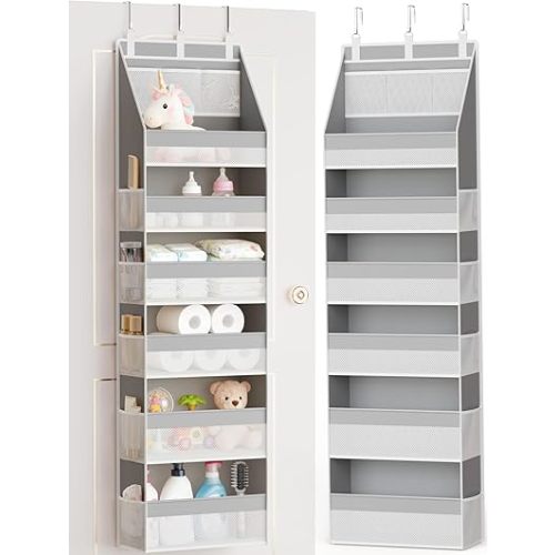 Criusia Over The Door Organizer, Heavy-Duty 6-Shelf Hanging Storage with 13 Mesh Pockets, 55lbs Capacity Behind The Door Storage for Nursery, Bathroom, Bedroom, and Dorm, Grey