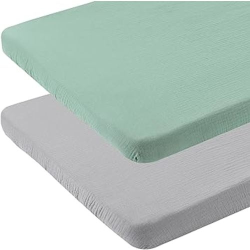Onacosht Muslin Bassinet Sheets 35" X 20" Compatiable with AMKE 3 in 1 Bassinets, MiClassic, Uiuwoo, Foalom, YADAQE, Milliard and TCBunny Bassinet, 100% Cotton 2 Pack, Grey and Green