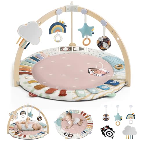 Blissful Diary Baby Play Gym & Activity Mat, 5 Developmental Zones Wooden Tummy Time Mat with 6 Detachable Sensory Toys for Motor Skills & Sensory Development, Baby Essentials Shower Gift, Pink
