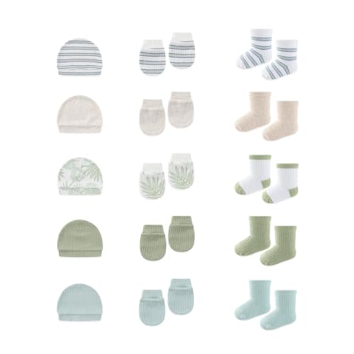 BABYSOLIS 15 Pack Infant Hats Gloves Socks Unisex Baby Boy Girl Accessories Set Cotton New Born Caps Mittens