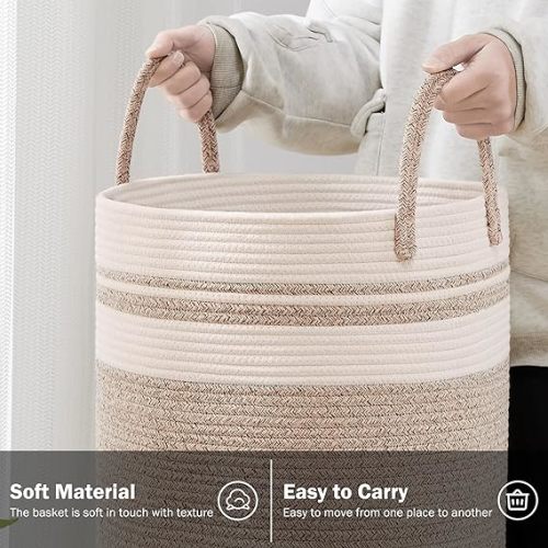 Woven Rope Laundry Hamper Basket, 58L Tall Laundry Basket for Blanket Organizer- Clothes Hamper for Bedroom Storage, Baby Kids Nursery Hamper-Large-Brown - Tall (58L )