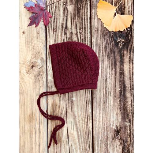 Baby Knitted Bonnet, Burgundy Baby Merino Hat, Infant Knit Hat, Baby Hat With Ties, Baby Girl Beanie, Baby Easter Bonnet, Vintage Hat