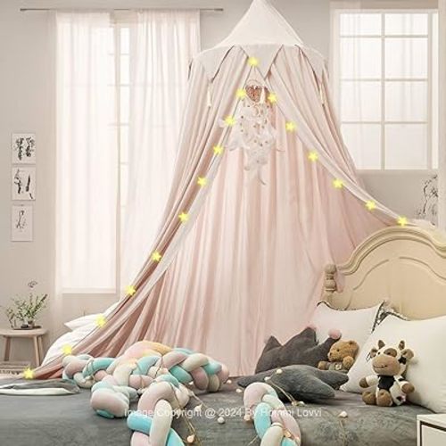 Princess Bed Canopy for Girls, Dreamy Tassels Ceiling Canopy Net Kids Room Decor Soft Nursery Crib Canopy Reading Nook, Large Children Canopies Full Queen Size with Lights - Light Pink