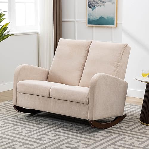 Modern Rocking Chair Upholstered,Double Rocking Chair for Living Room,Mid Century Modern Rocker Oversized Wingback Armchair for Nursery, Bedroom, Baby Room,Beige