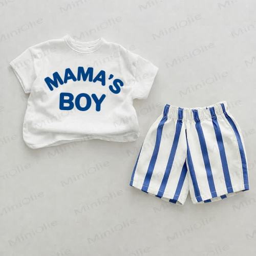 MAMA'S BOY Baby Blue Vertical Striped 2-piece Shorts Set