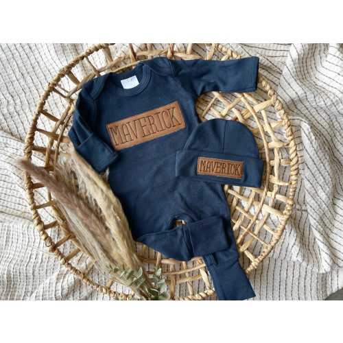 Personalized leather patch baby romper and hat set, custom infant boy coming home outfit, baby shower gift, with footies